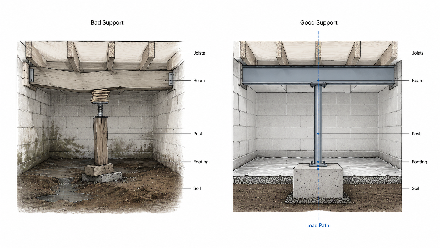 Crawl space support comparison showing bad improvised support beside a correct load path from joists to beam, post, footing, and soil.