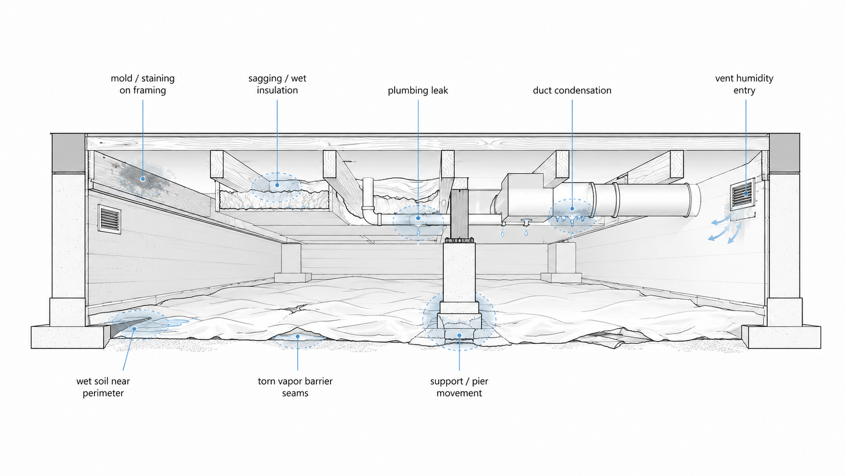 Crawl-space symptom map showing wet soil, mold-prone framing, sagging insulation, vapor barrier damage, plumbing leaks, duct condensation, pier movement, and vent humidity entry.