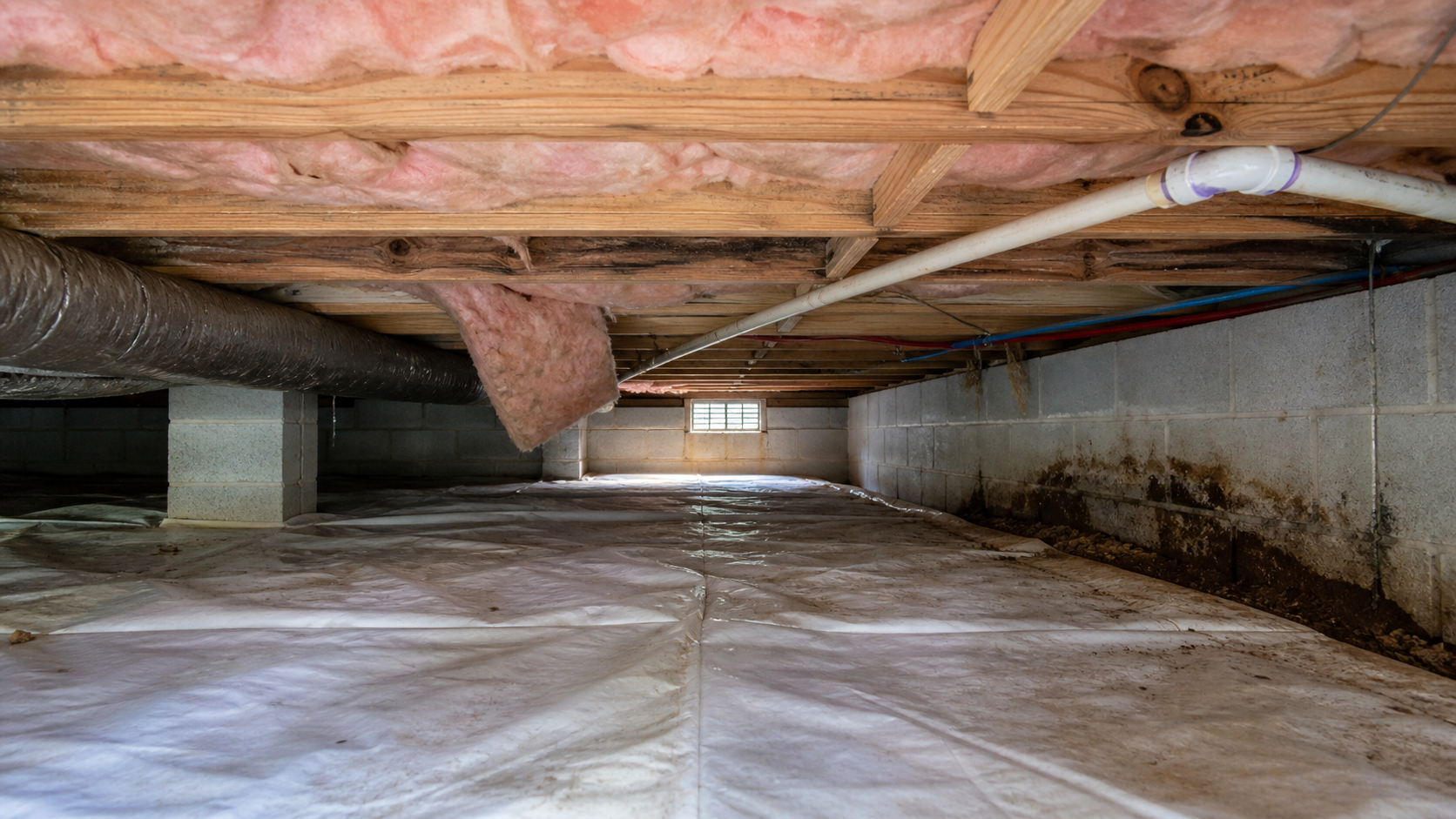 Crawl space inspection view showing exposed joists, insulation, ductwork, vapor barrier, and visible moisture staining.