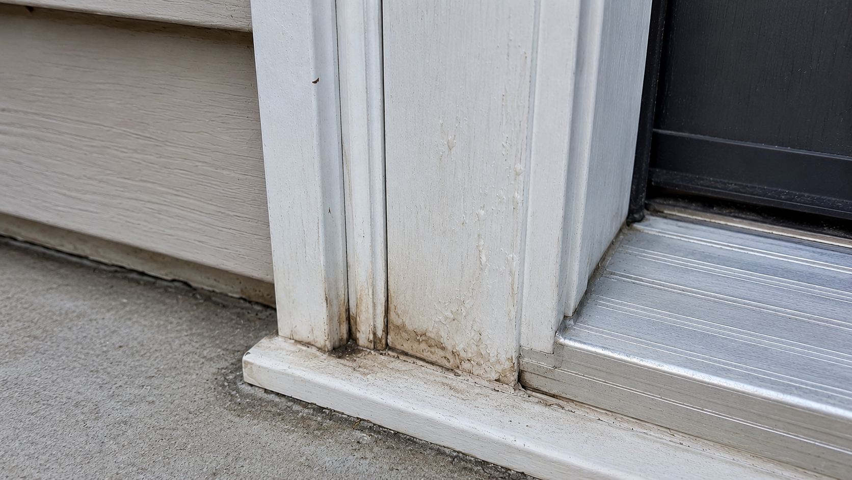 Close-up of water staining and swollen paint at the lower jamb of an exterior door beside the metal threshold.