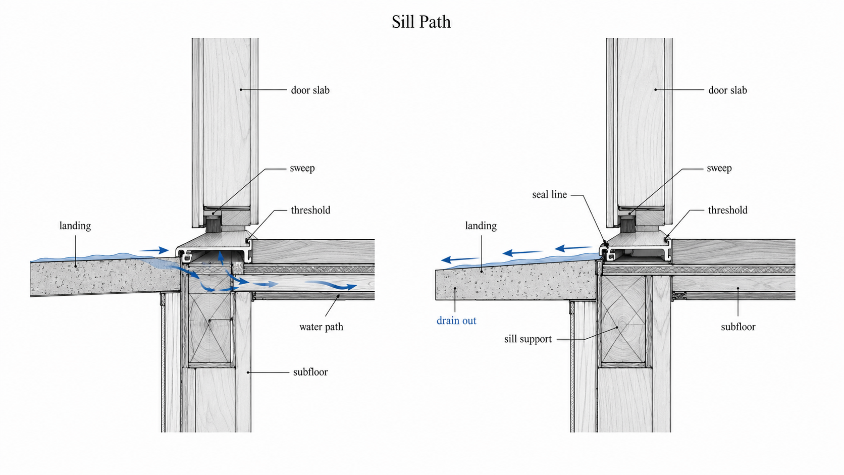 Section diagram comparing a leaking exterior door threshold with a better sill detail, showing how water can move under the threshold when the landing slopes wrong or the sill lacks support.