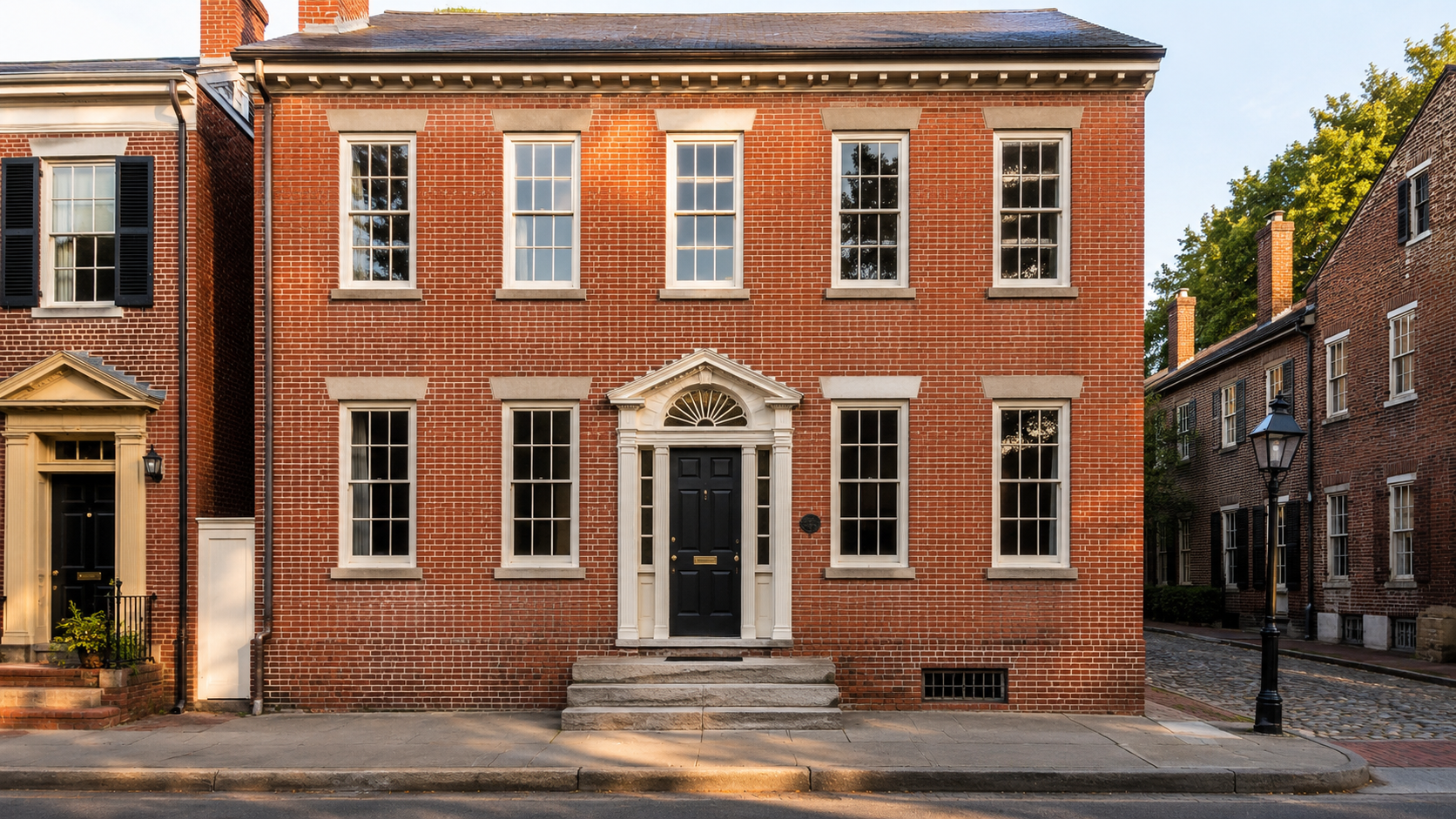 Brick Federal-style townhouse with tall sash windows, centered entry, fanlight, sidelights, and white trim.