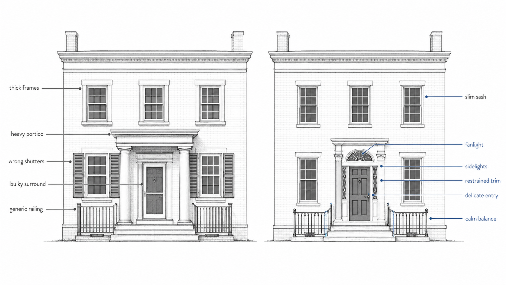 Federal facade update mistakes compared with a corrected version using slimmer windows, trim, and entry details.