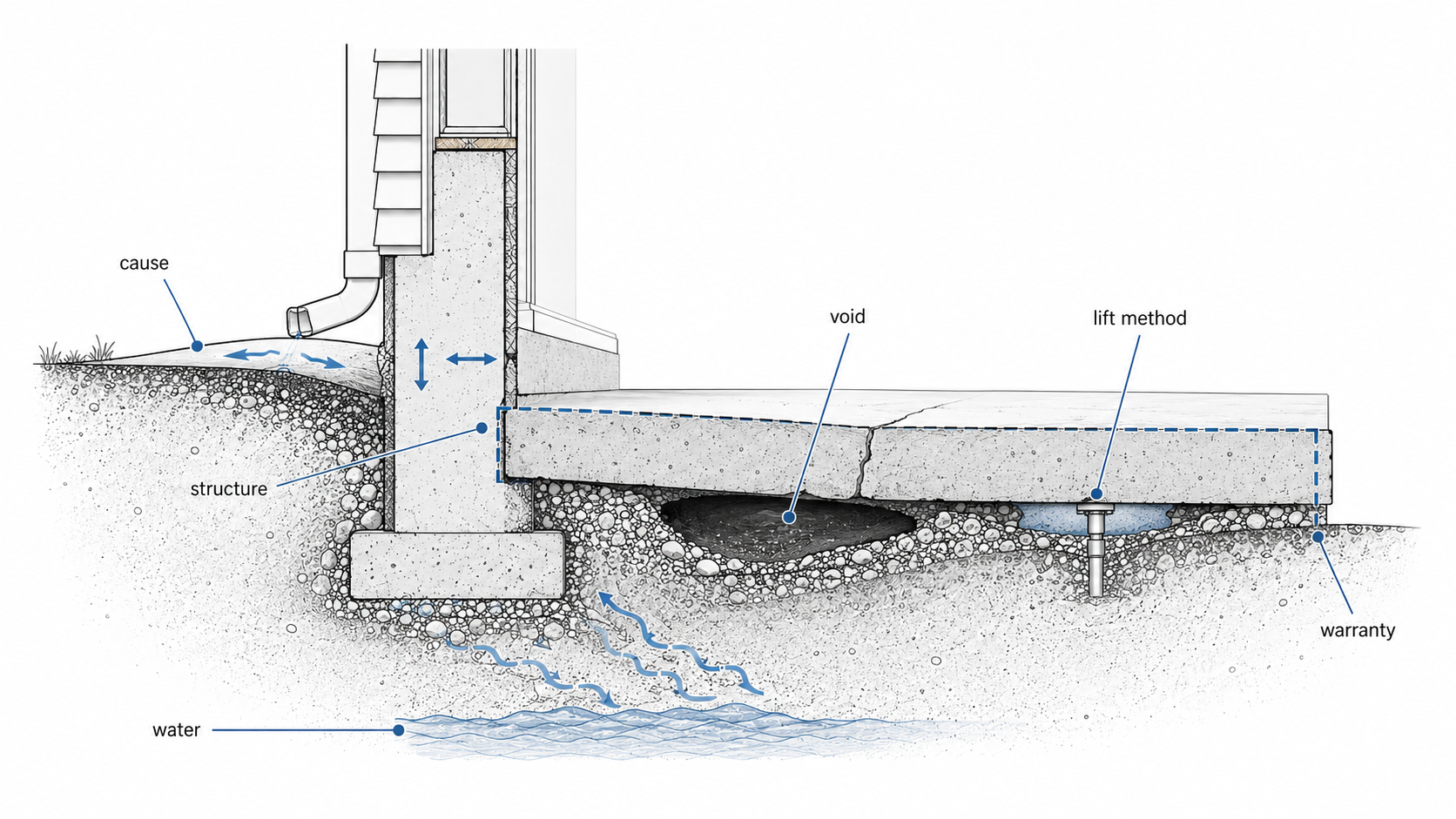 Foundation leveling quote diagram showing cause, water, voids, lift method, structure, and warranty limits around a settled slab and foundation edge.
