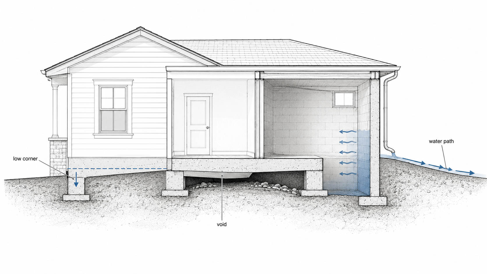 Foundation section diagram showing a low corner, slab void, and water path near a basement wall.
