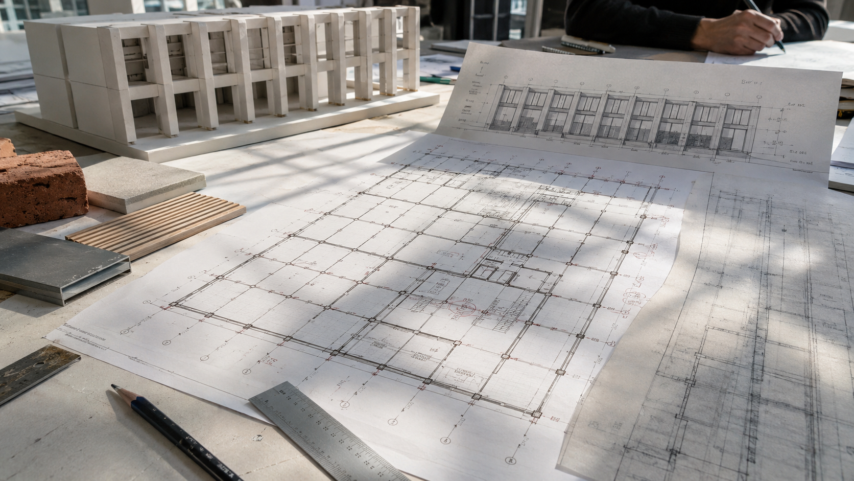 Architectural worktable with a gridded floor plan, facade study, massing model, material samples, ruler, and tracing paper.