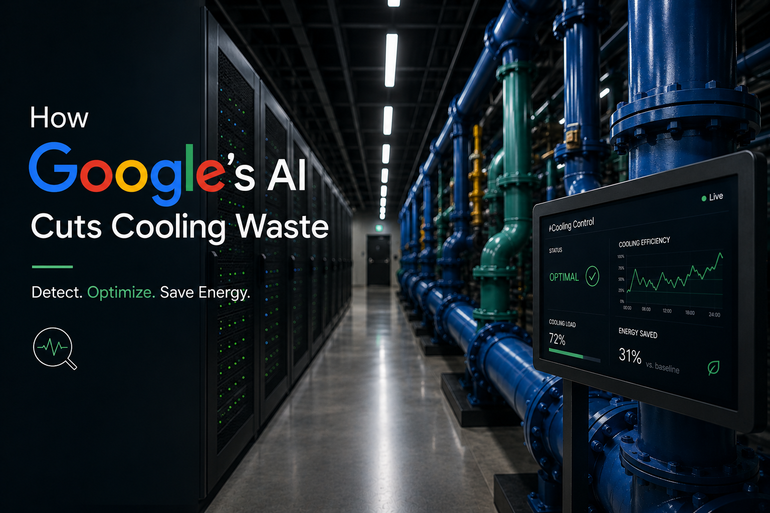 Google AI data center cooling image showing server racks, mechanical piping, and a cooling control dashboard.