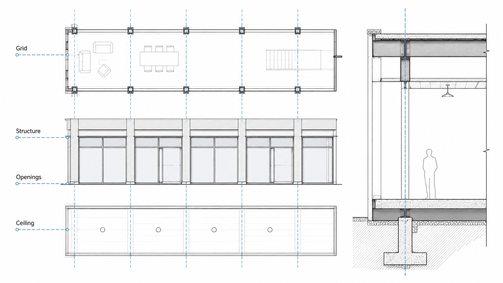 Architectural grid diagram showing structure, openings, ceiling rhythm, and section aligned to one shared module.