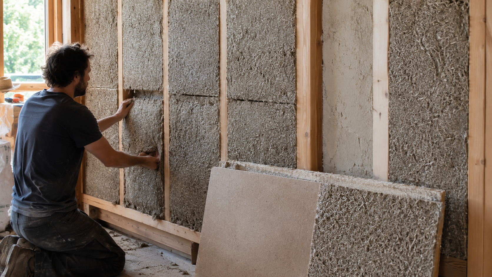 Worker installing hemp-based insulation panels between timber wall framing in a real construction setting.