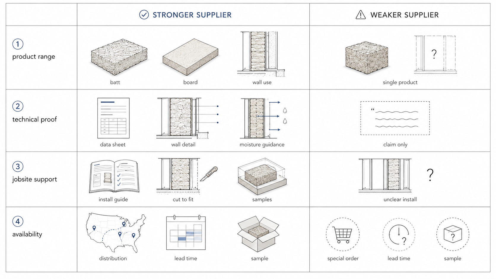 Comparison diagram showing how to evaluate hemp insulation suppliers by product range, technical proof, jobsite support, and availability.