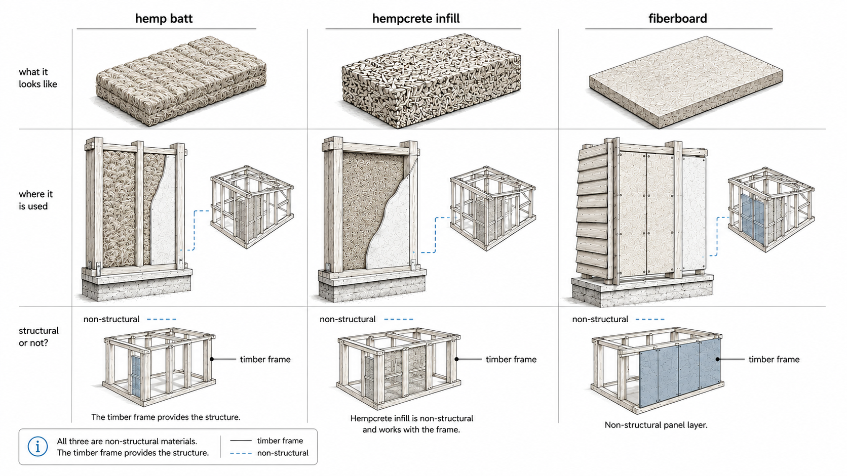 Comparison diagram showing hemp batt, hempcrete infill, and hemp fiberboard, where each is used in wall assemblies, and how the timber frame carries the structural load.