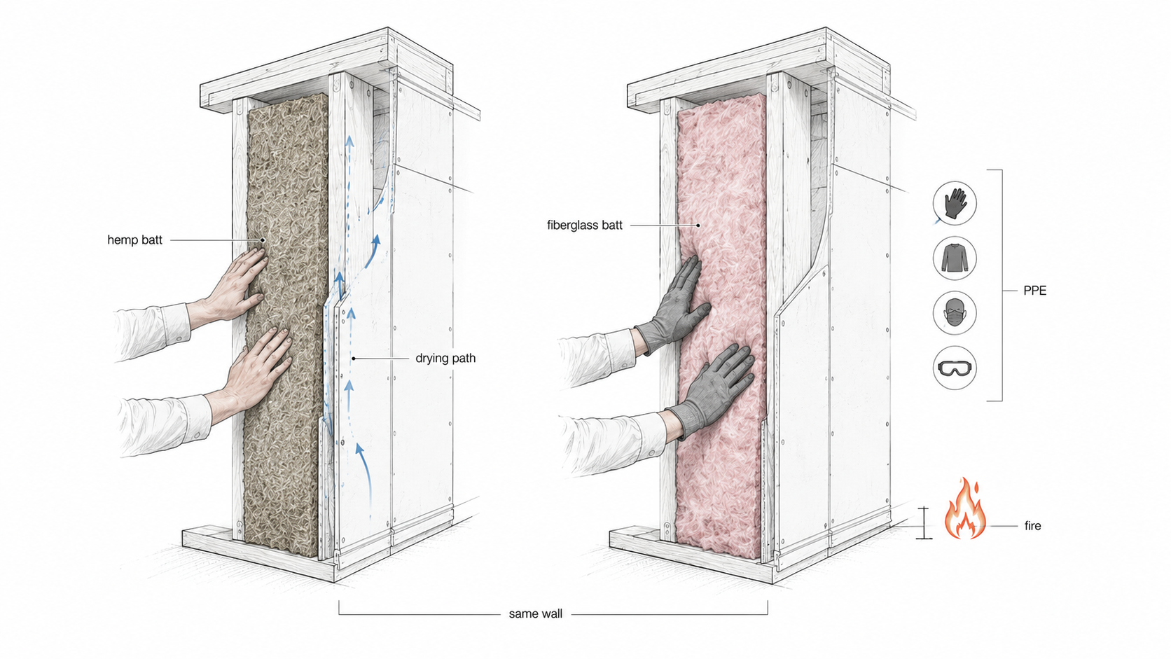hemp-insulation-vs-fiberglass-wall-diagram.webp  Comparison diagram showing hemp batt insulation and fiberglass batt insulation installed in the same wood stud wall, with drying path, handling, PPE, and fire-safety context.
