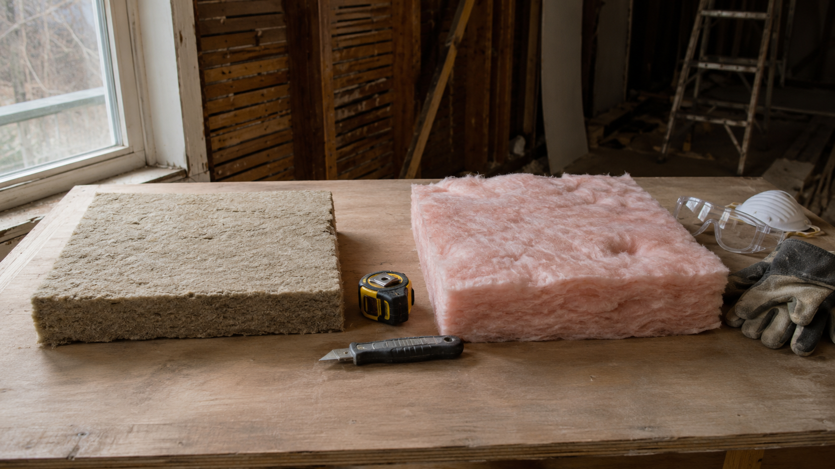 Jobsite comparison of hemp batt insulation and fiberglass batt insulation on a plywood workbench in a renovation space, with safety gear placed beside the fiberglass.