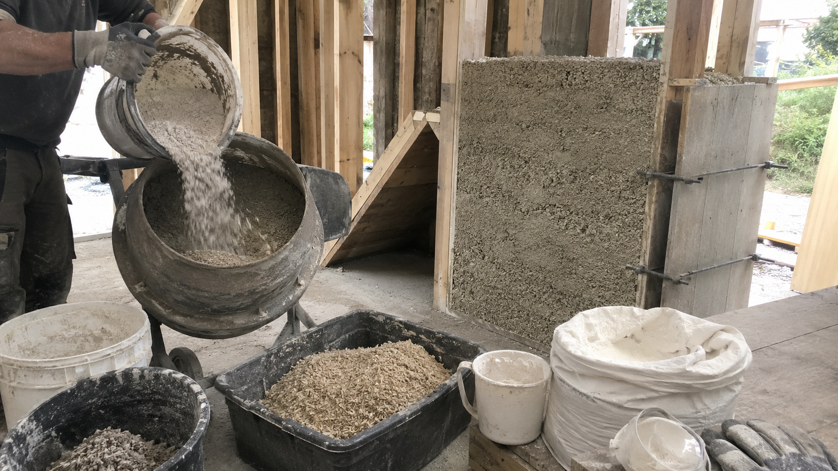 Worker pouring dry binder into a mixer beside hemp hurds, lime bags, buckets, timber framing, and a partially filled hempcrete wall on a small construction site.