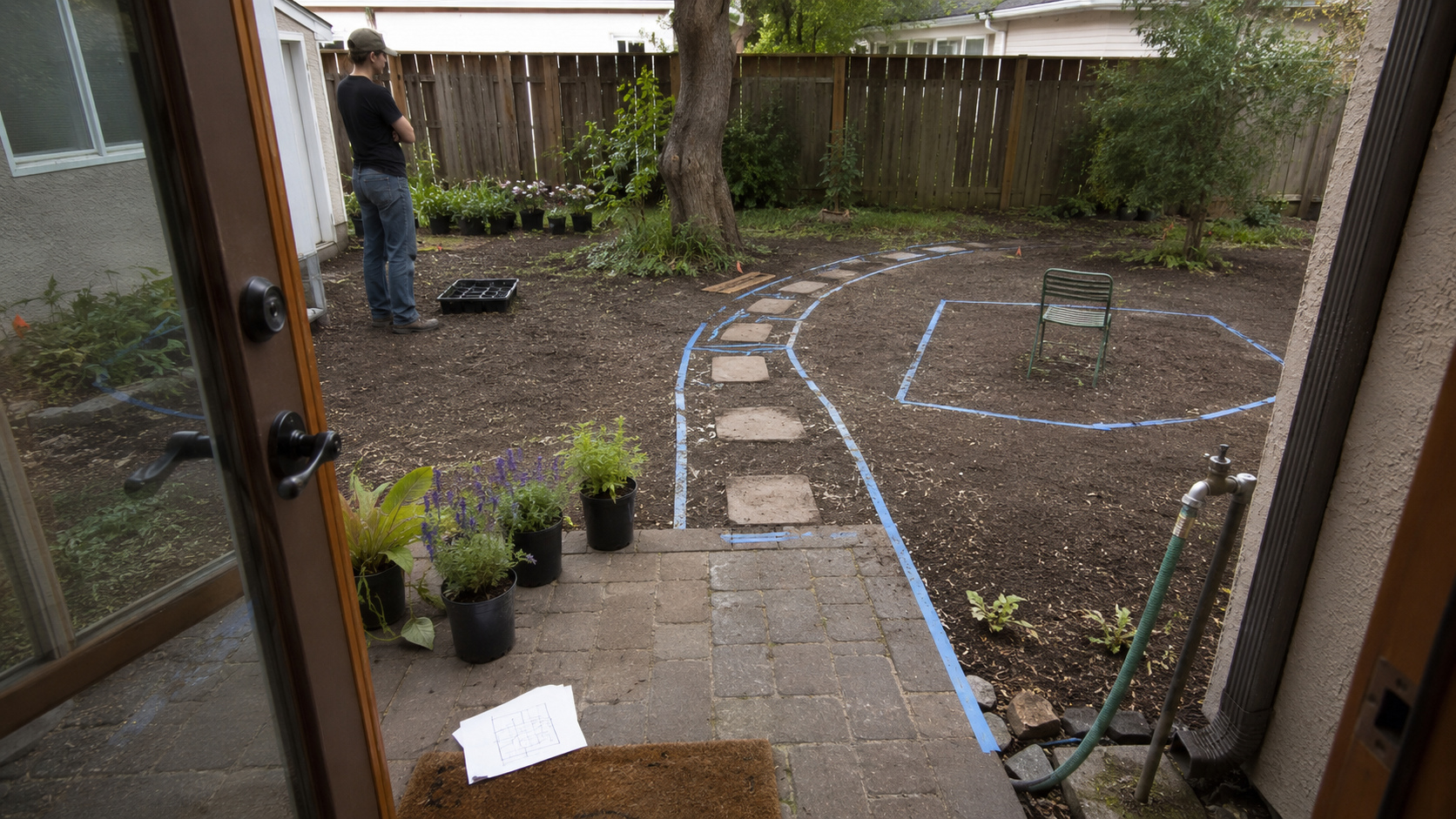 A home garden being planned from the back door with path, seating, plants, and water access marked before planting.