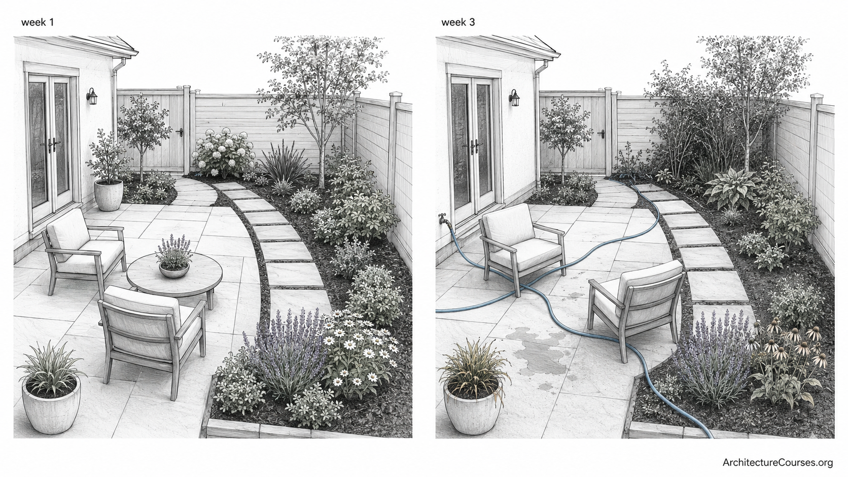 Before and after garden design diagram showing first-week setup and third-week problems with path, shade, water, and maintenance.