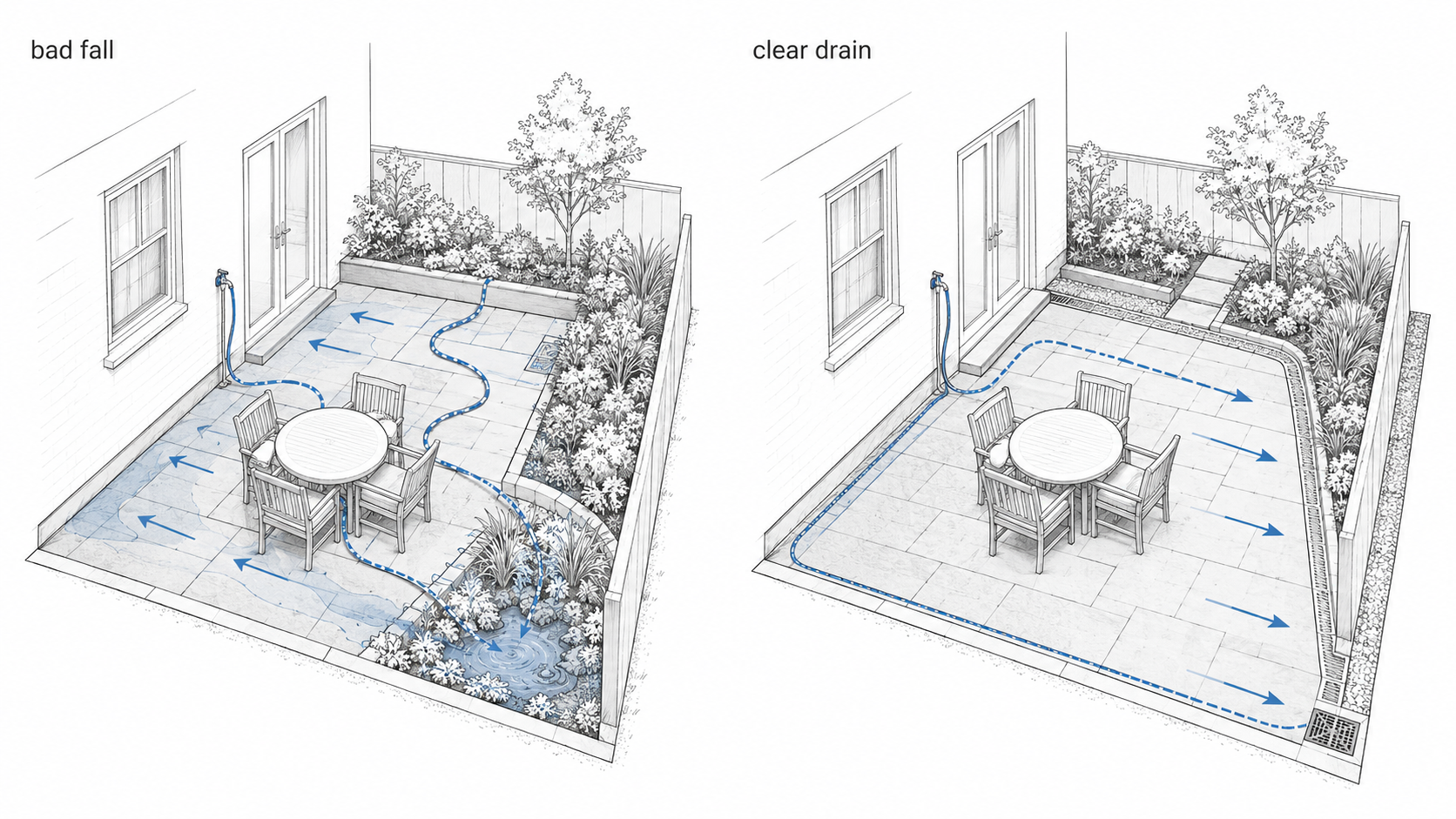 Garden design diagram showing bad water drainage toward the house versus a clear drainage and maintenance path.