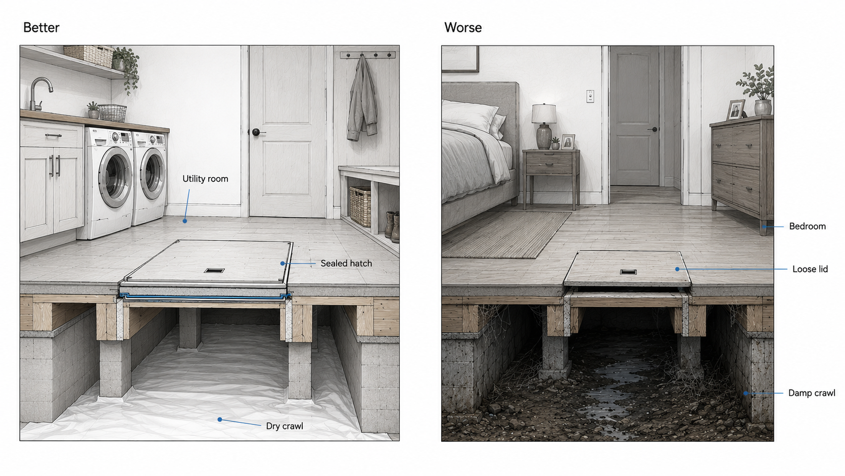 Comparison diagram showing sealed crawl-space access in a utility room and a loose hatch over a damp crawl space in a bedroom.