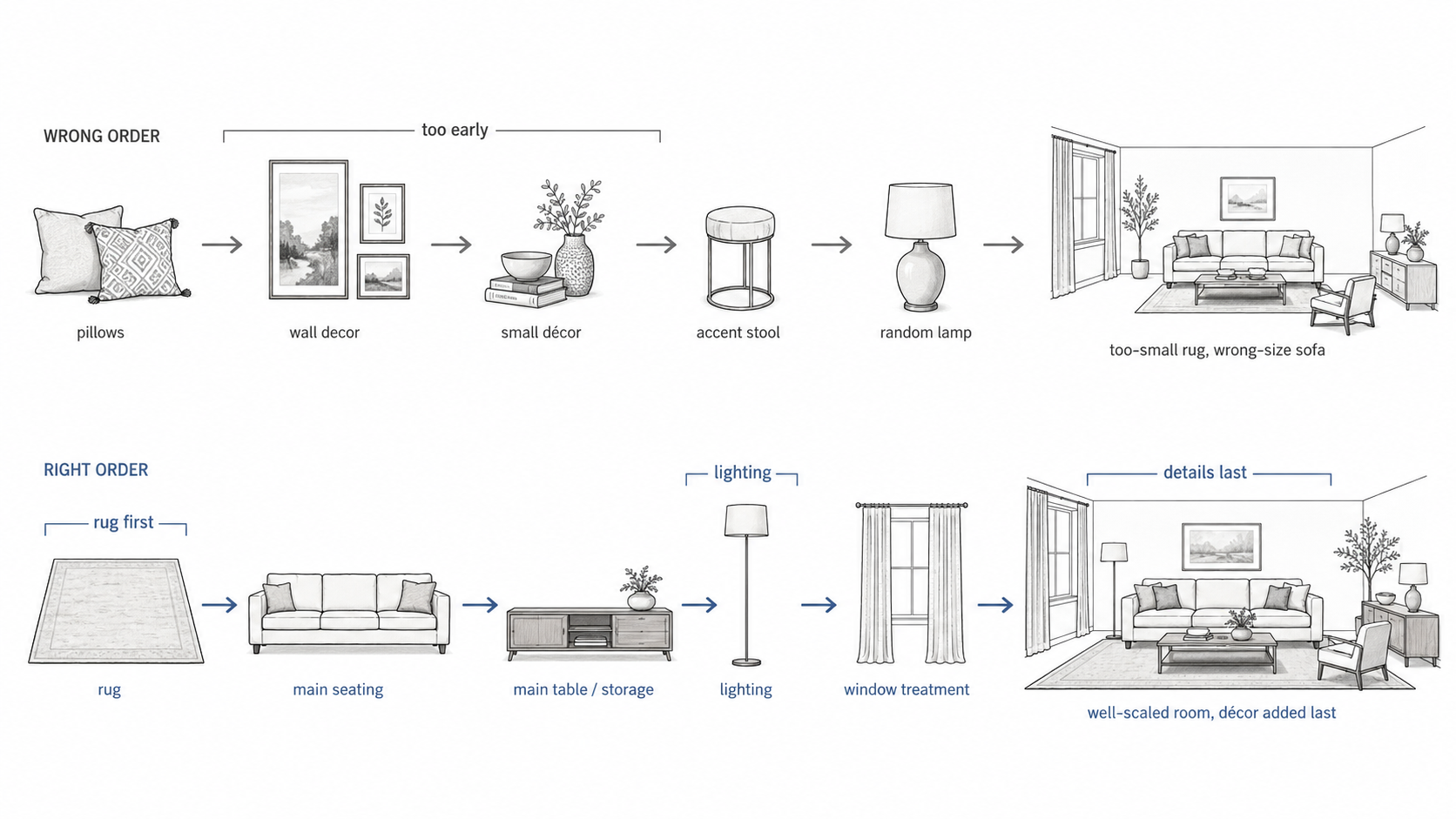 Diagram showing the wrong and right order for buying interior design pieces, from pillows and decor too early to rug, seating, lighting, window treatments, and decor last.