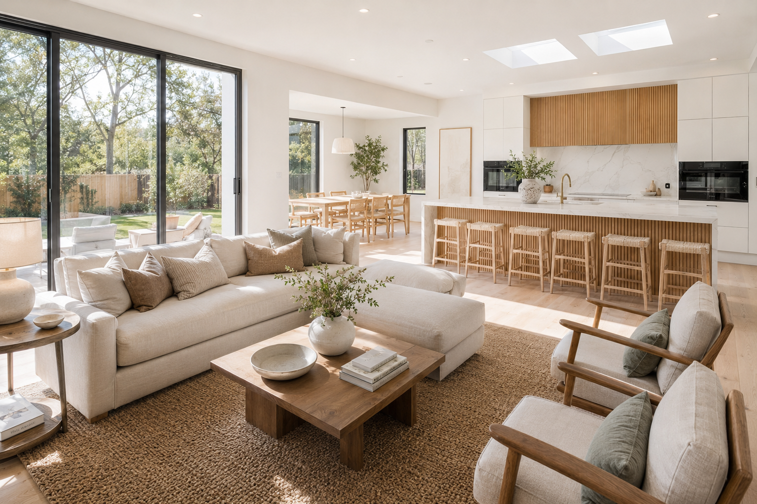 Bright open-plan living room and kitchen showing natural light, a large rug, grouped seating, layered materials, wood tones, and clear room zones.