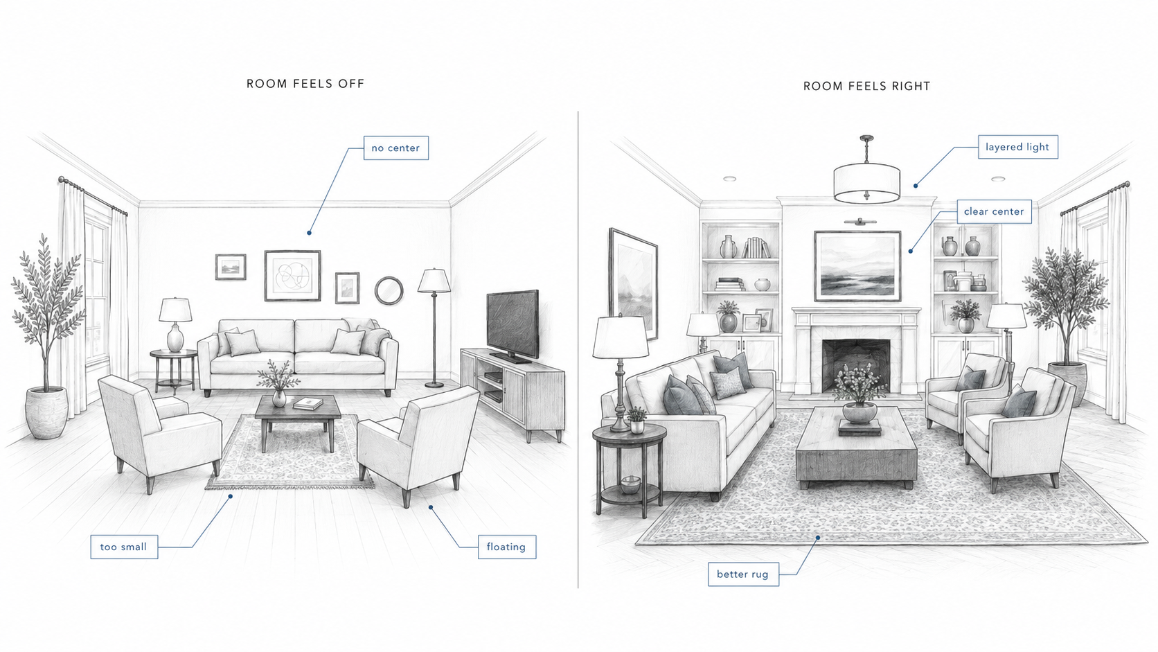Comparison diagram showing a living room that feels off with a small rug and floating furniture beside a better room with a larger rug, clear center, and layered lighting.
