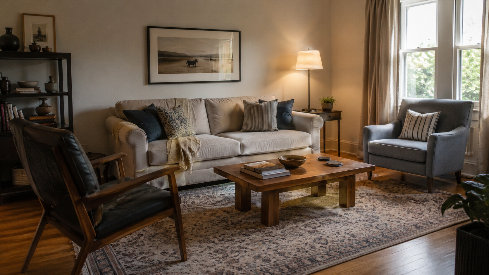 Modest living room with a correctly sized rug, grouped seating, layered lighting, wood furniture, fabric textures, and simple wall art.