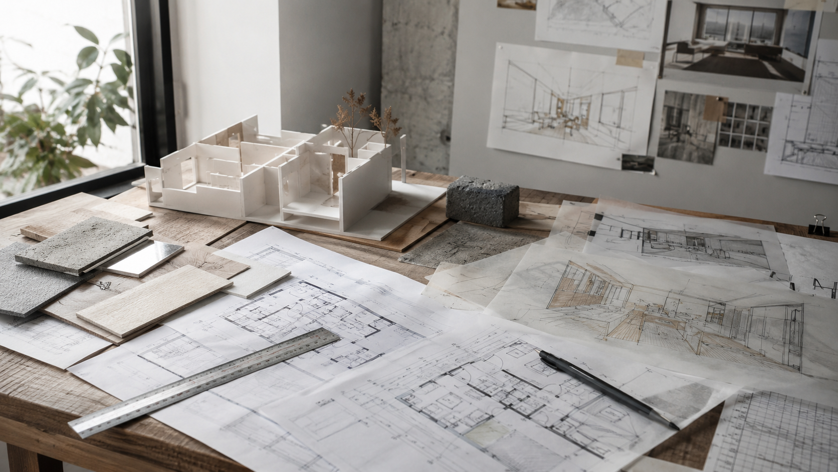 Interior and spatial design studio worktable with floor plans, tracing paper, material samples, scale ruler, sketches, and a small white model.