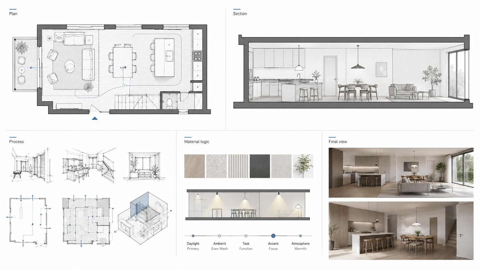 Portfolio presentation board showing plans, sections, process sketches, material logic, lighting strategy, and final interior views.