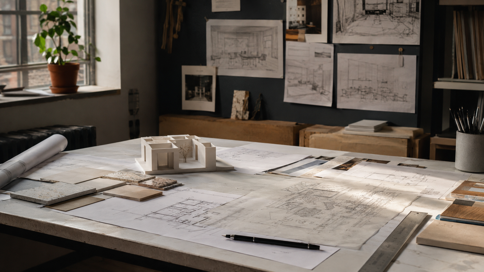 Interior and spatial design worktable with floor plans, tracing paper, material samples, and a small white interior model.