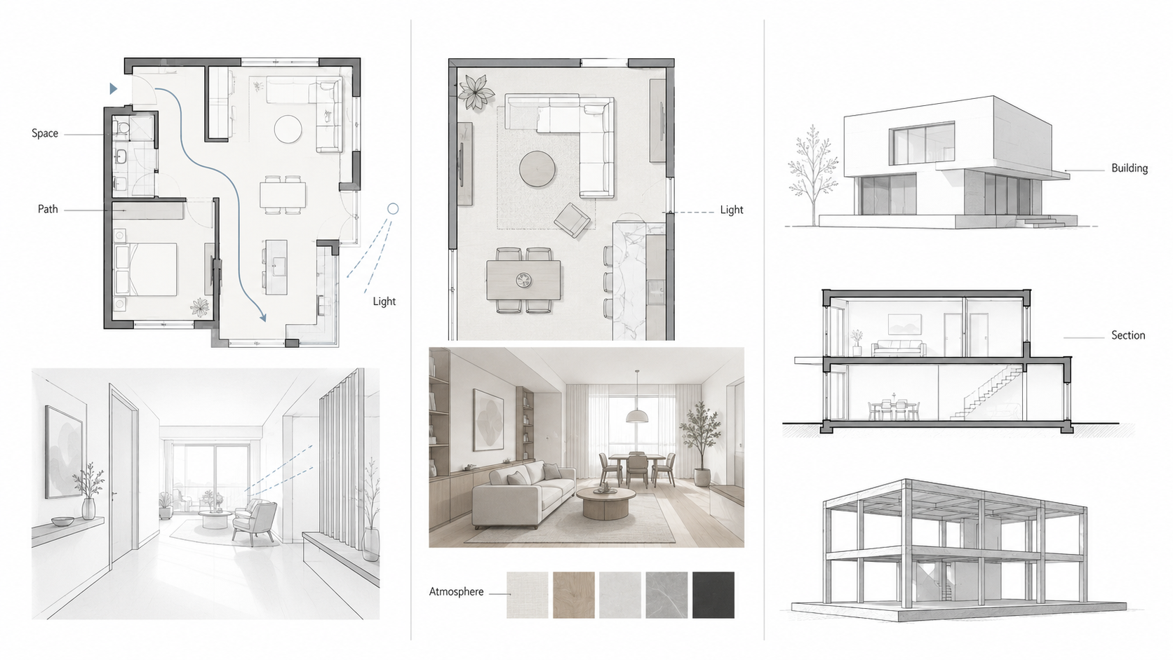 Comparison diagram showing interior and spatial design, interior design, and architecture as related but different fields.