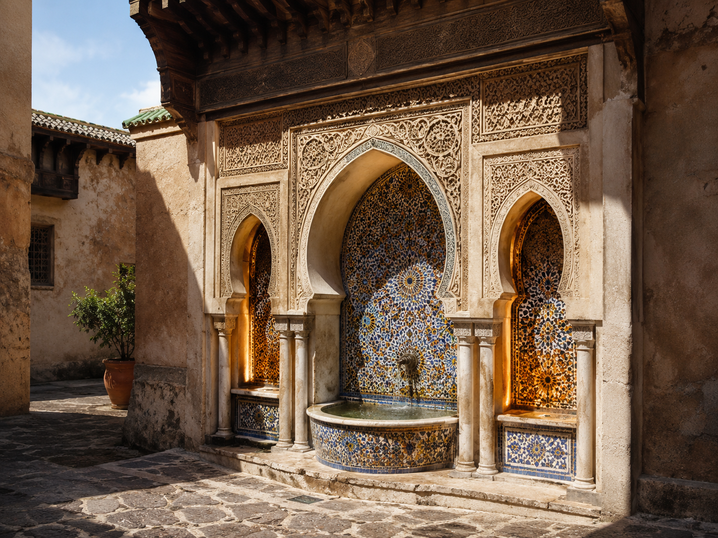 Islamic courtyard fountain with carved arched niches, blue tilework, worn stone paving, and hard sunlight across the wall.