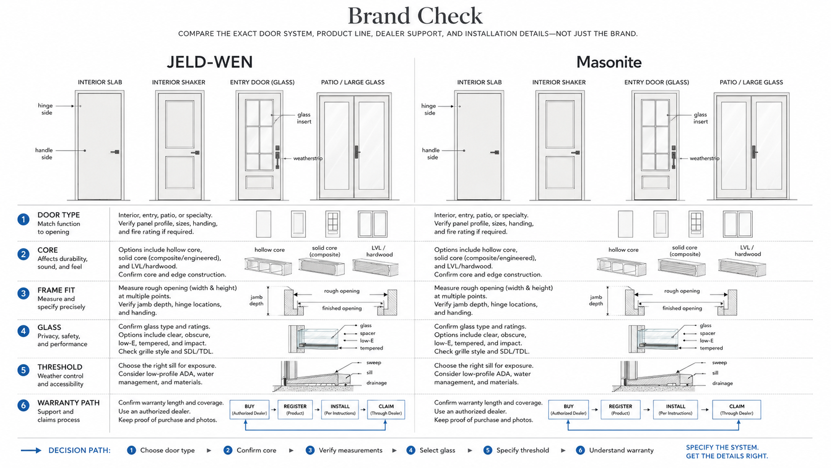JELD-WEN and Masonite door comparison diagram showing door type, core, frame fit, glass, threshold, and warranty path checkpoints buyers should review before choosing a door.