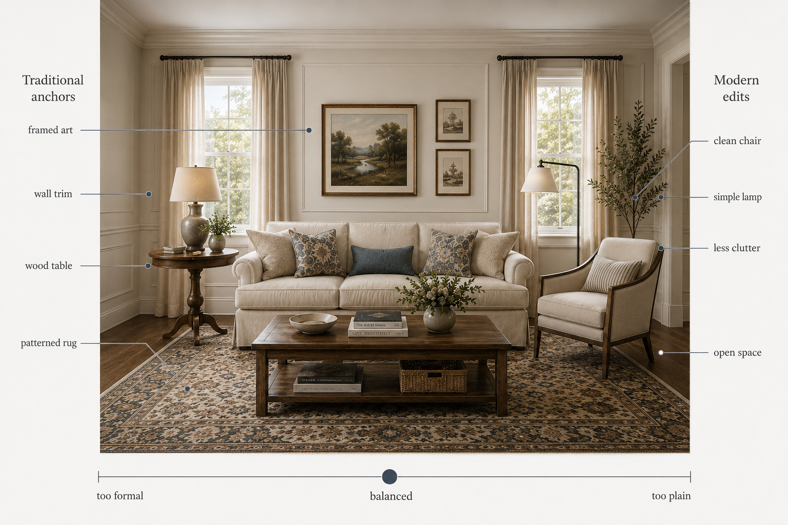 Labeled modern traditional living room showing framed art, wall trim, a wood table, patterned rug, clean chair, simple lamp, less clutter, and open space.