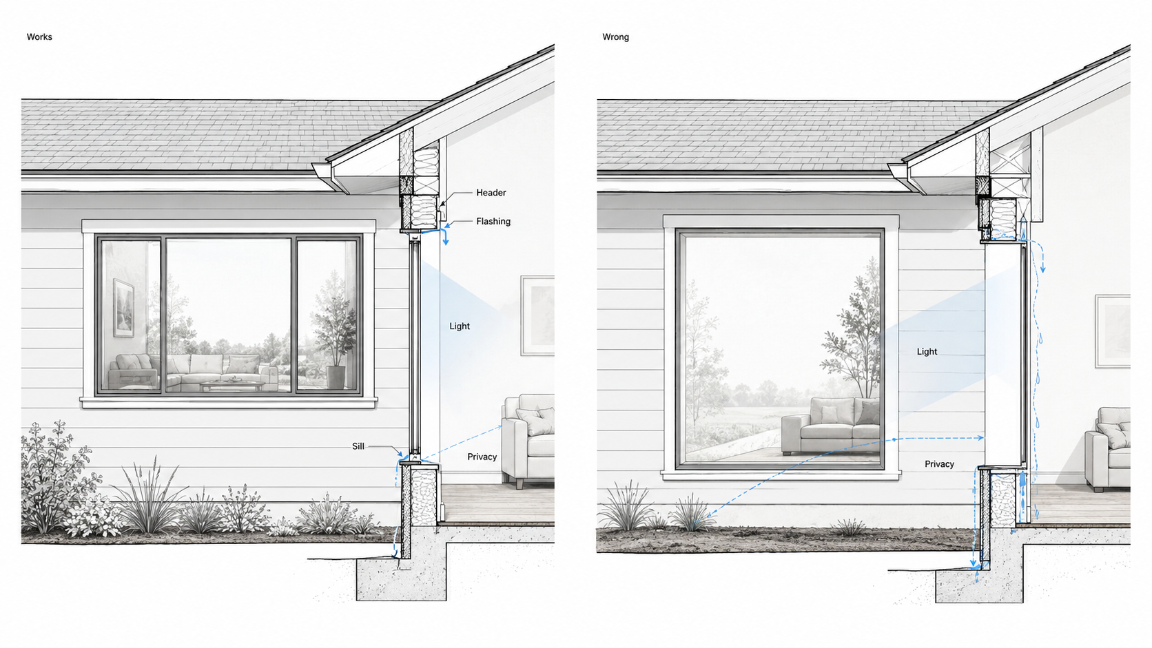 Diagram comparing a larger ranch house window that works with header, flashing, sill, light, and privacy against a poorly enlarged window with water and privacy problems.