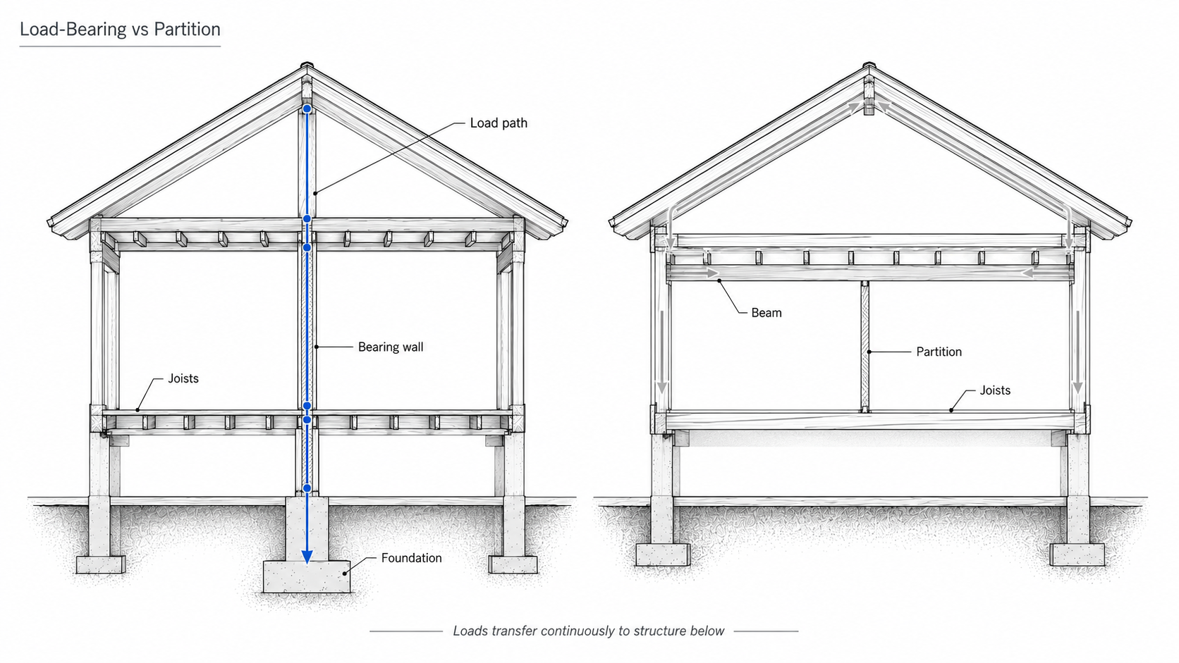 A plan showing load-bearing wall versus partition wall section diagram showing load path, joists, beam, partition, and foundation.