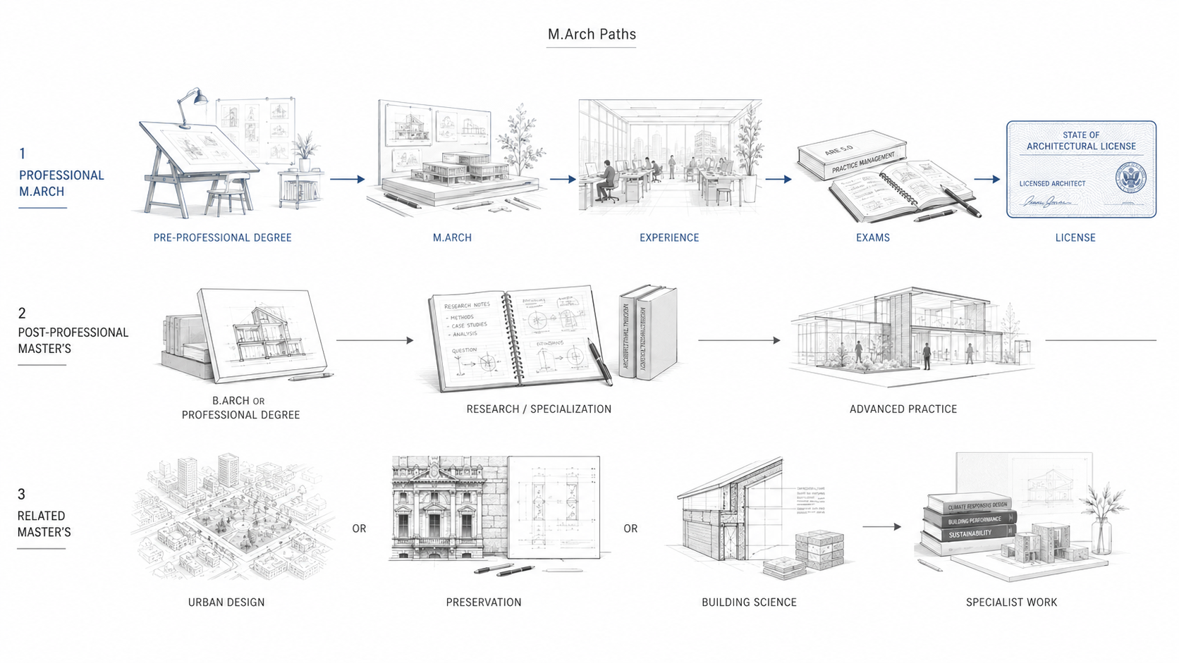 M.Arch degree paths diagram showing professional, post-professional, and related master’s routes in architecture.