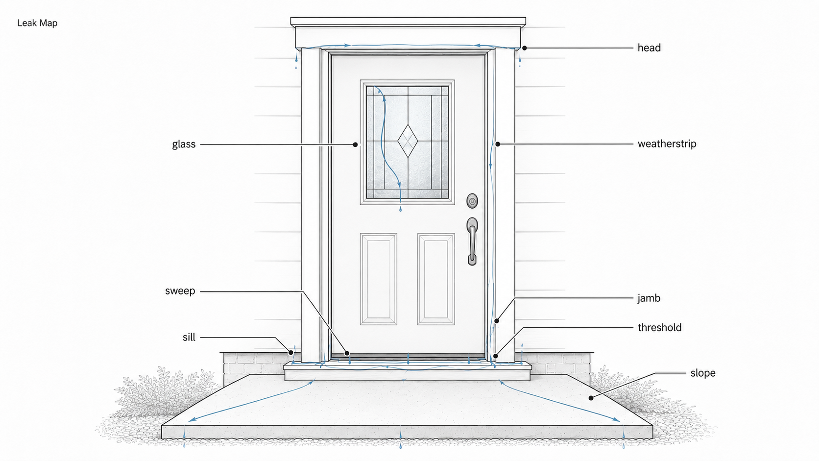 Front elevation diagram of an exterior door showing common leak points at the head, glass insert, weatherstrip, jamb, sweep, sill, threshold, and landing slope.