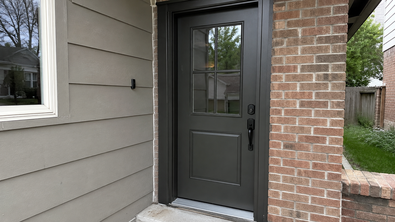 Masonite-style exterior entry door with an upper glass lite, molded lower panel, visible threshold, brick surround, siding wall, and normal residential hardware.