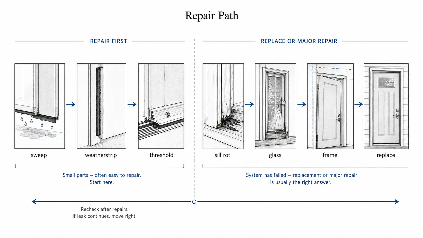 Decision diagram showing when to repair a leaking exterior door by checking the sweep, weatherstrip, and threshold first, and when sill rot, glass failure, or frame problems may require major repair or replacement.