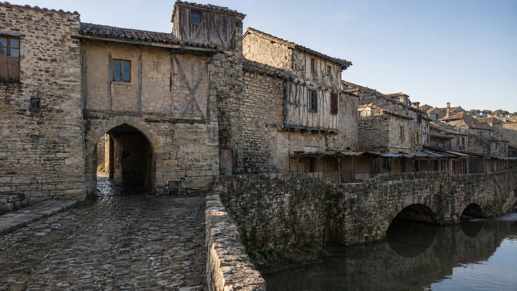 Medieval stone town edge with a gate passage, timber-framed upper floors, worn cobblestones, a riverside bridge, and repaired historic buildings.