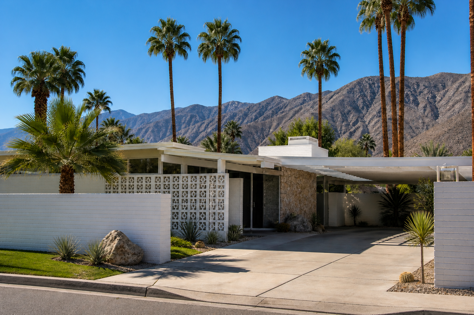 A 1950s Palm Springs desert modern house with flat roof, breeze-block screen wall, carport, and desert landscaping.