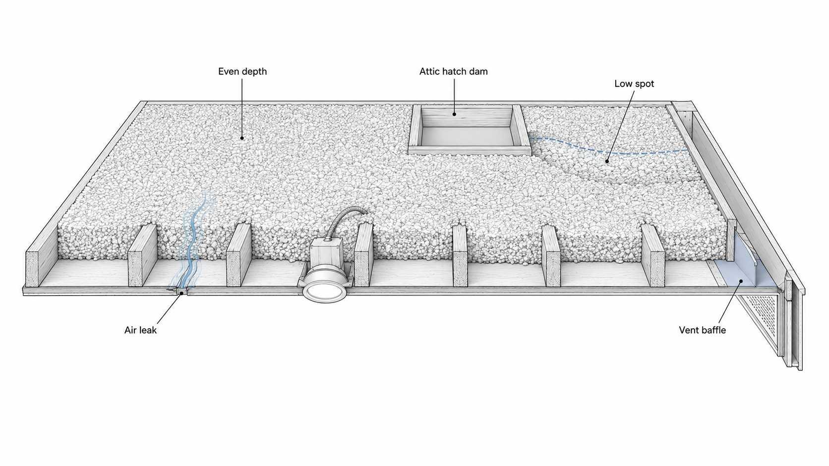 Attic floor cutaway showing loose-fill mineral wool insulation, even depth, attic hatch dam, air leak, vent baffle, and low spot.