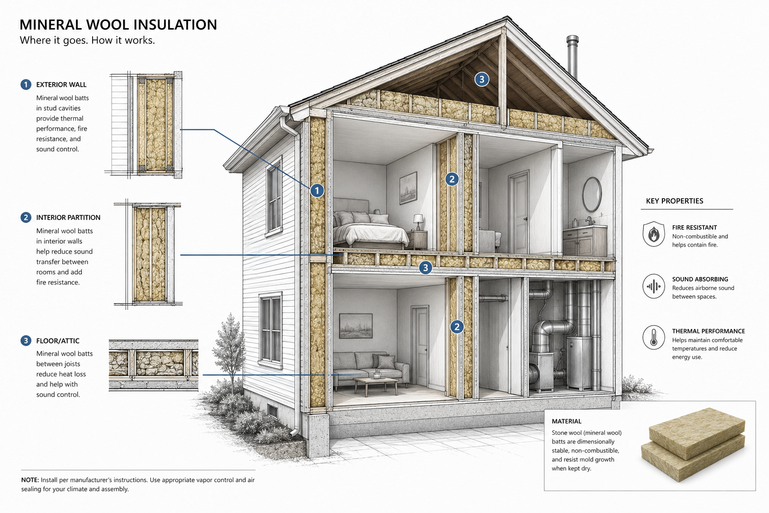 House section diagram showing mineral wool insulation in exterior walls, interior partitions, floor cavities, and attic framing.
