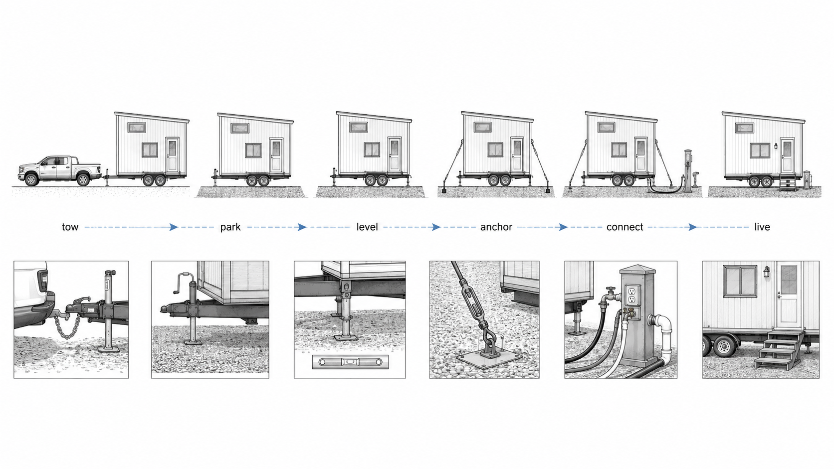 Movable tiny home setup diagram showing towing, parking, leveling, anchoring, utility connection, and final occupancy.