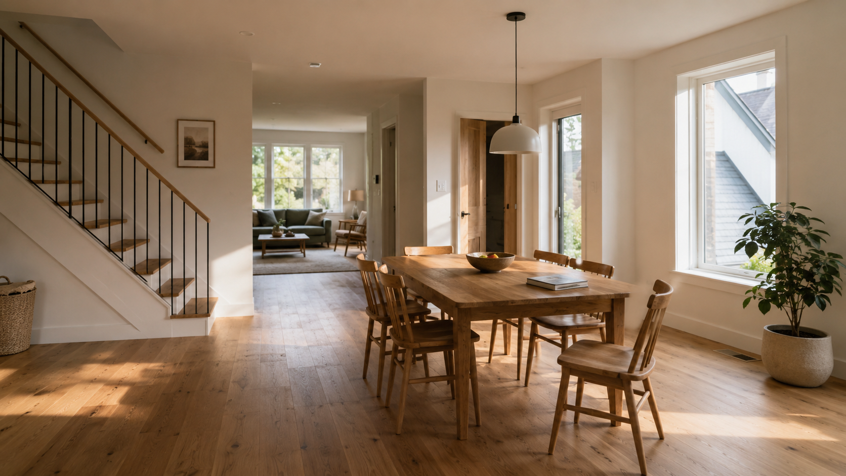 Modern open-plan home interior with soft natural light across a dining area, stair, timber floor, and connected living space.