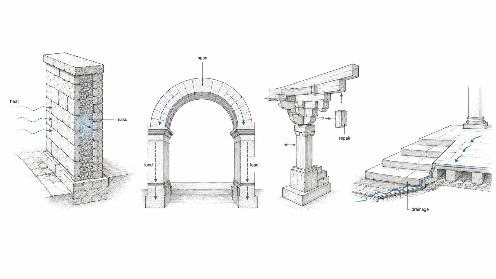 Diagram comparing ancient architecture systems, including thick stone mass for heat control, an arch load path, timber bracket repair logic, and a raised drainage platform.