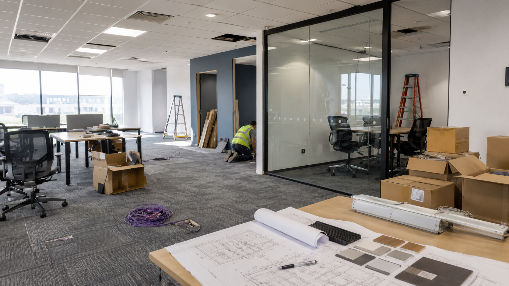 Office interior fit-out in progress with workstations, a glass meeting room, ceiling work, plans, material samples, cables, boxes, and furniture installation.