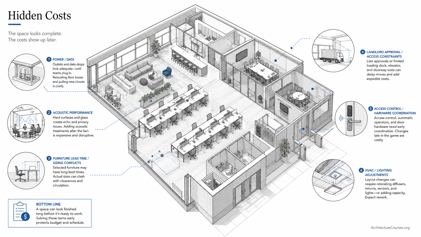 Office interior hidden cost diagram showing power and data, acoustics, furniture sizing, landlord access, hardware coordination, HVAC, and lighting problems.