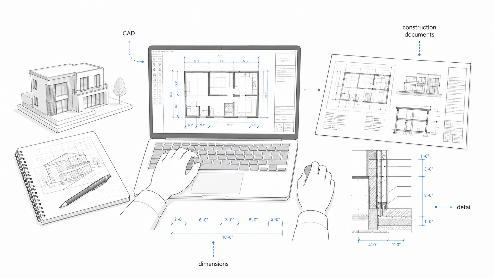 Online drafting degree workflow showing CAD, dimensions, construction documents, wall detail, and a building model reference.