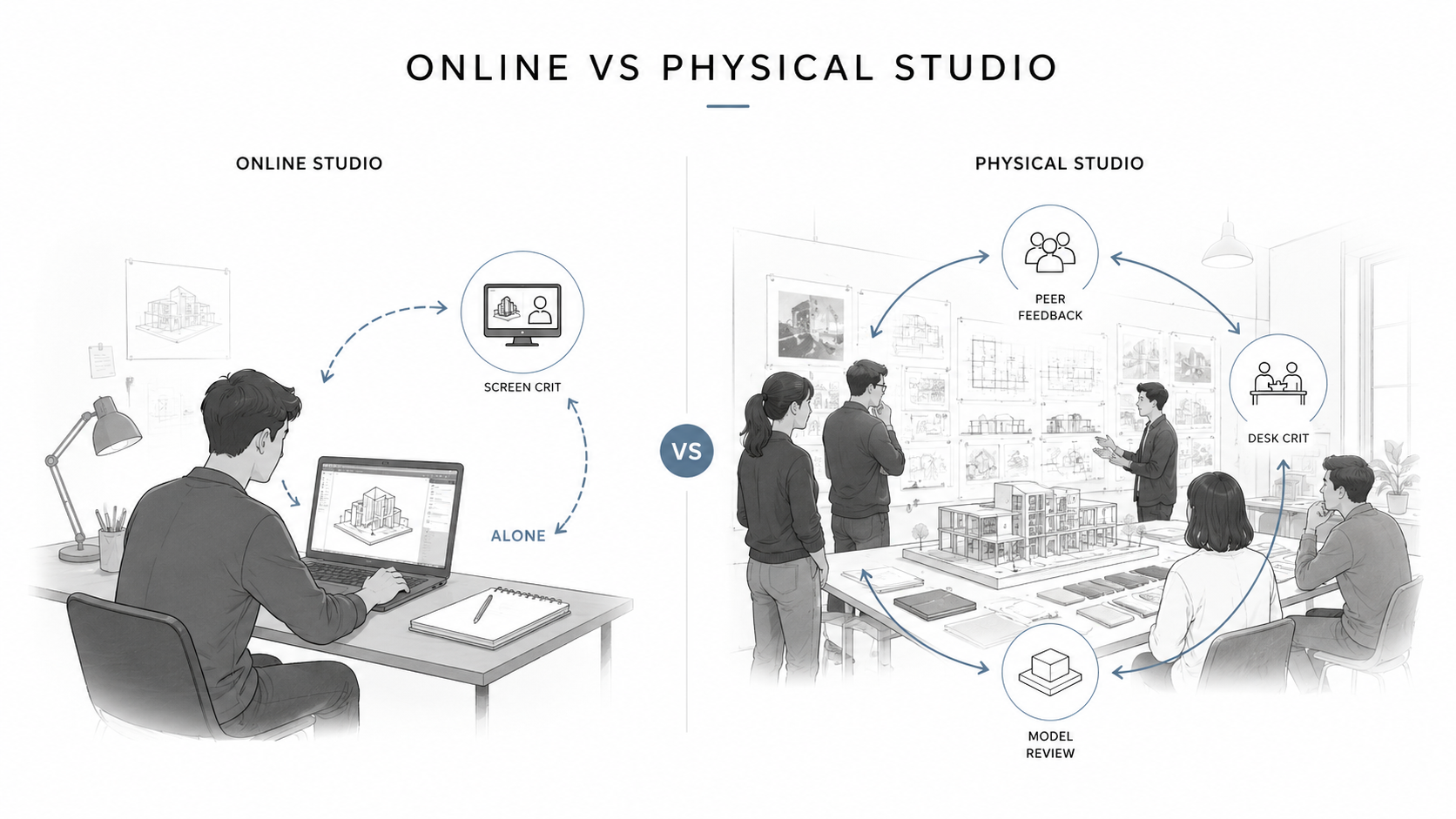 online-vs-campus-studio.  Alt text Comparison diagram showing an online architecture student working alone at a laptop beside a campus studio with peer feedback, desk critique, and model review.